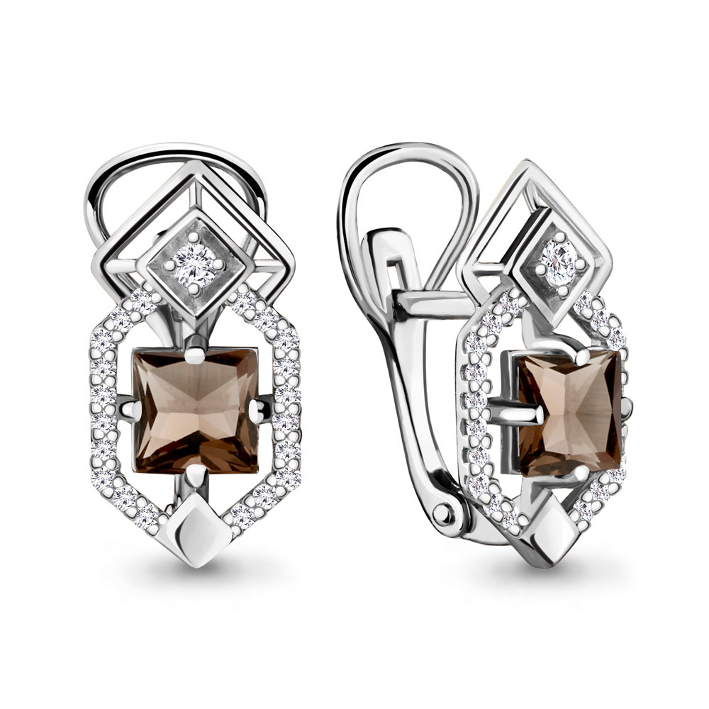 4456201А Серьги из Серебра с кварцами дымчатыми, фианитами из коллекции "Ар-Деко"