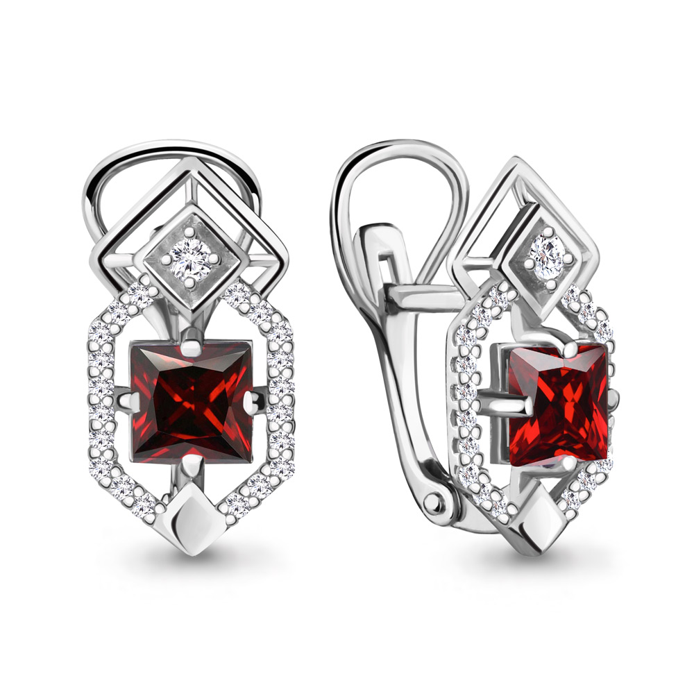 4456203А Серьги из Серебра с гранатами, фианитами из коллекции "Ар-Деко"