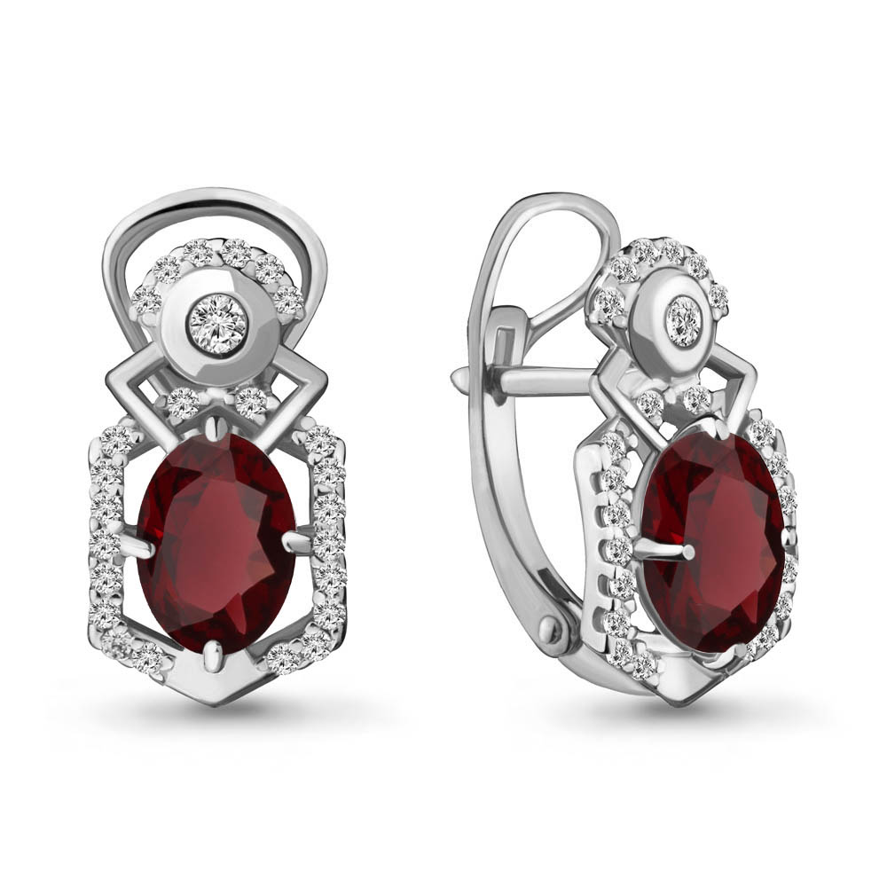 4457203А Серьги из Серебра с гранатами, фианитами из коллекции "Ар-Деко"