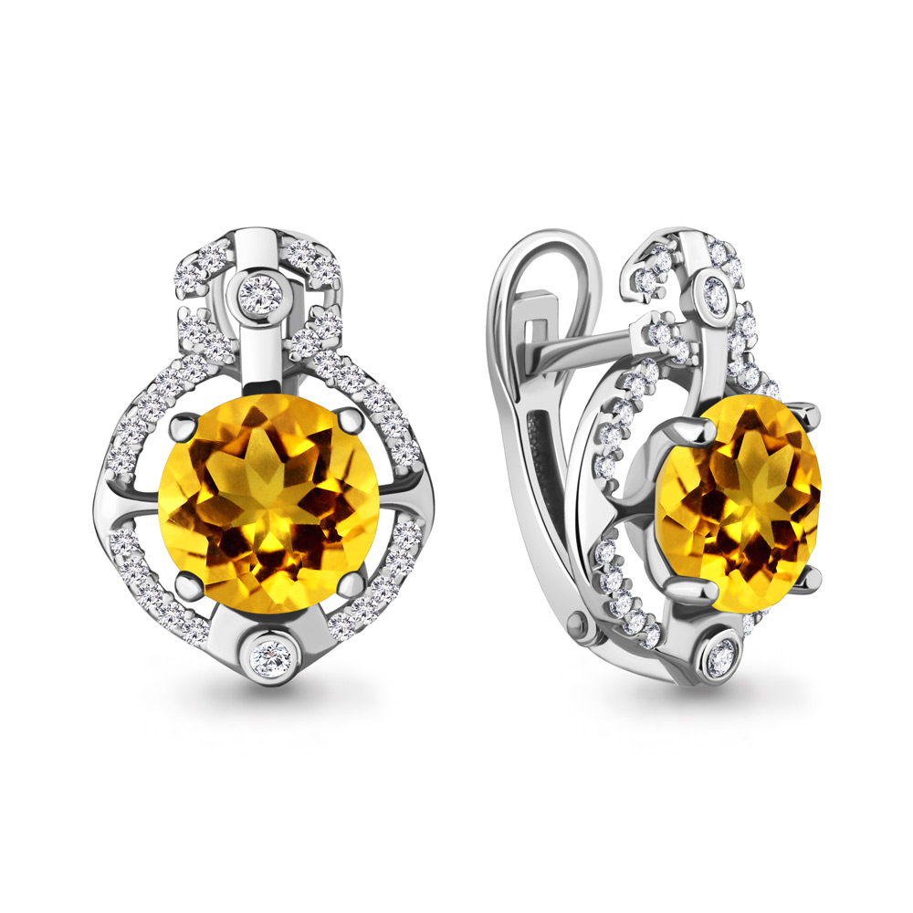 4457306А Серьги из Серебра с фианитами, цитринами из коллекции "Ар-Деко"