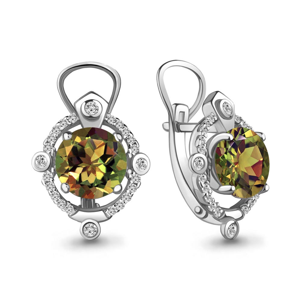 4457719А Серьги из Серебра с султанитами иск., фианитами из коллекции "Ар-Деко"