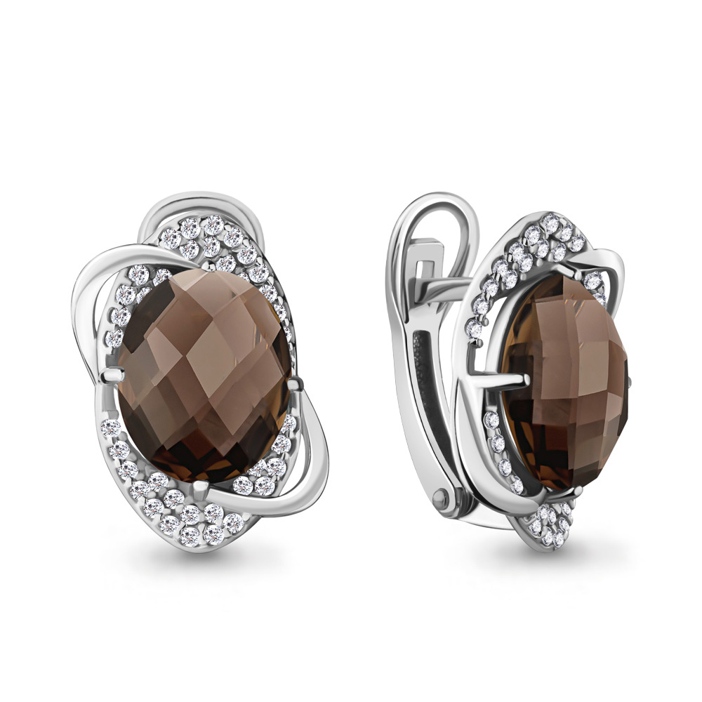4459001А Серьги из Серебра с кварцами дымчатыми, фианитами