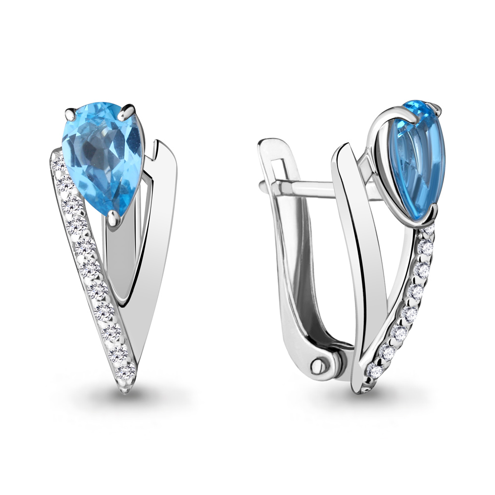 4460305А Серьги из Серебра с топазами свисс блю, фианитами