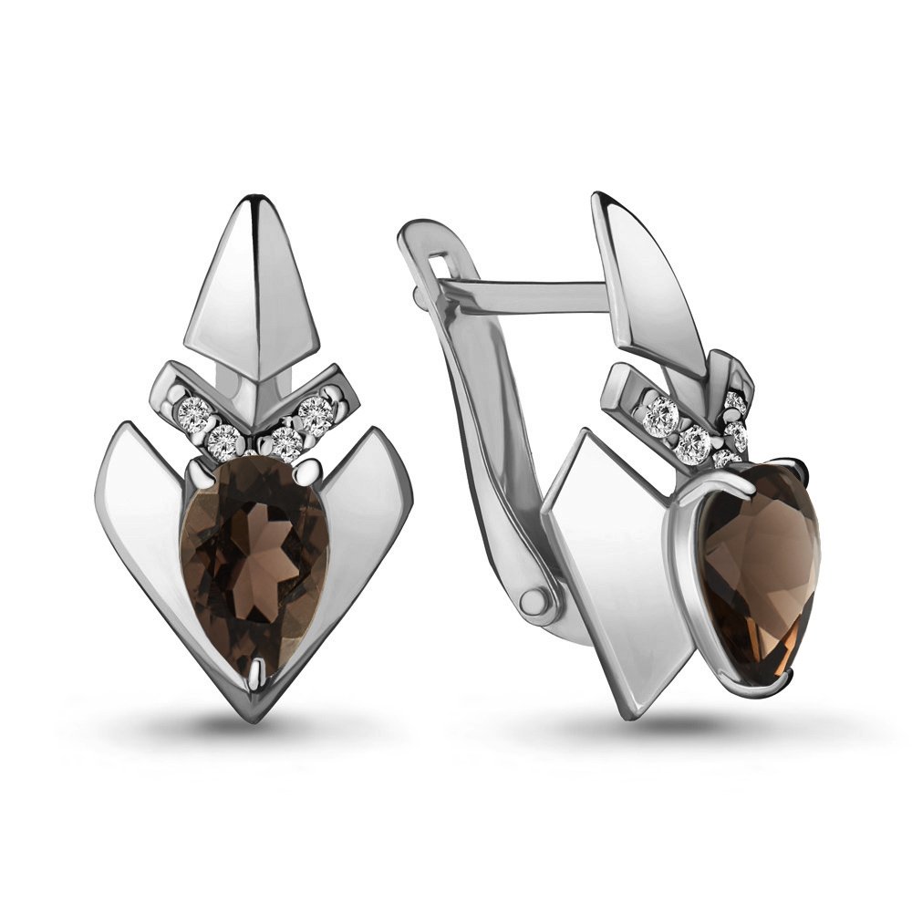 4460501А Серьги из Серебра с кварцами дымчатыми, фианитами