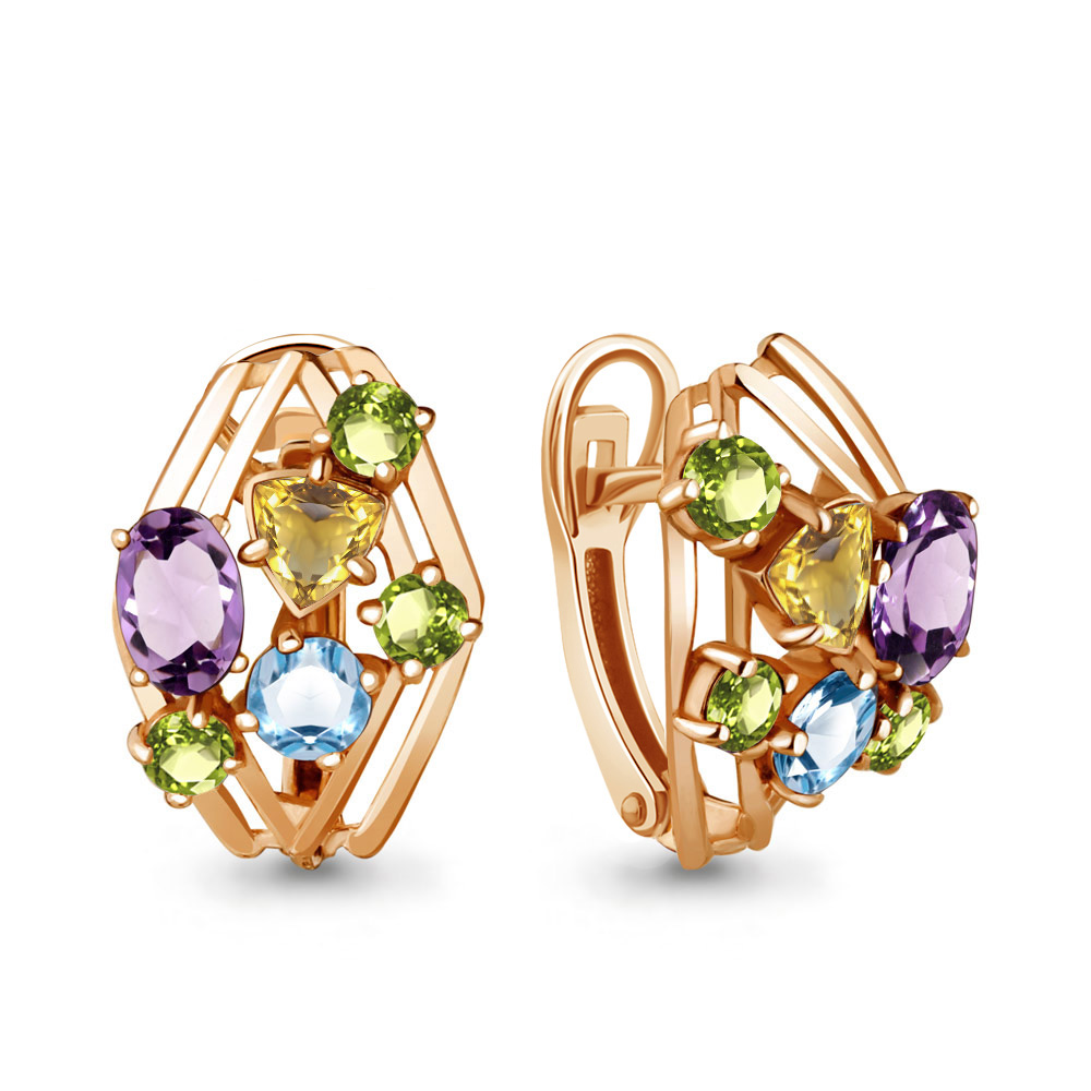 4461957 Серьги из Золота с аметистами, топазами свисс блю, хризолитами, цитринами из коллекции "Алиса"