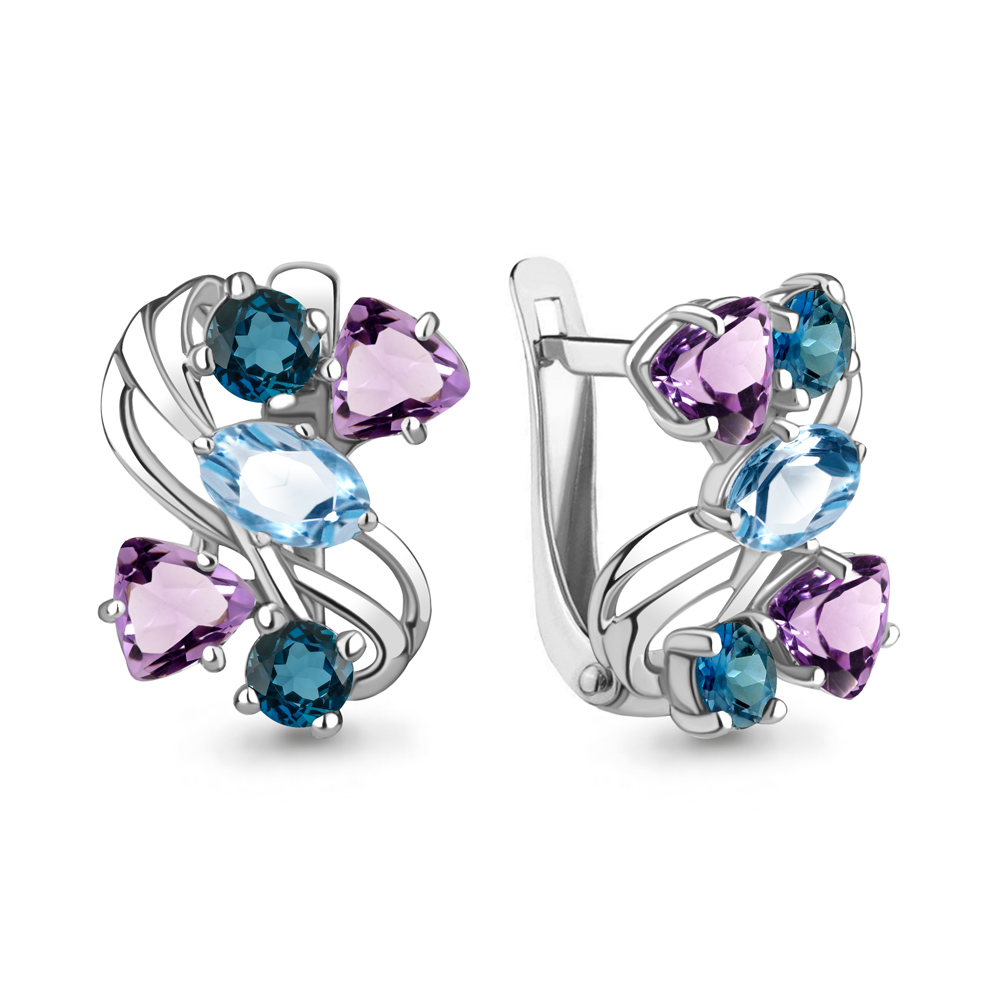 4462042 Серьги из Серебра с аметистами, топазами лондон блю, топазами свисс блю из коллекции "Алиса"