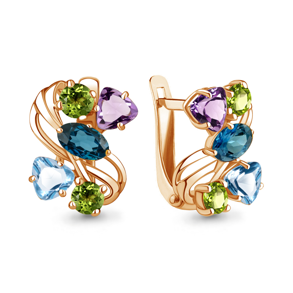 4462052 Серьги из Золота с аметистами, топазами лондон блю, топазами свисс блю, хризолитами из коллекции "Алиса"
