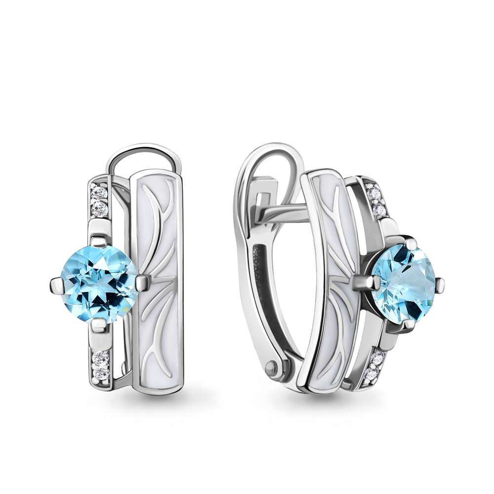 4463902А Серьги из Серебра с топазами скай блю, фианитами, эмалью