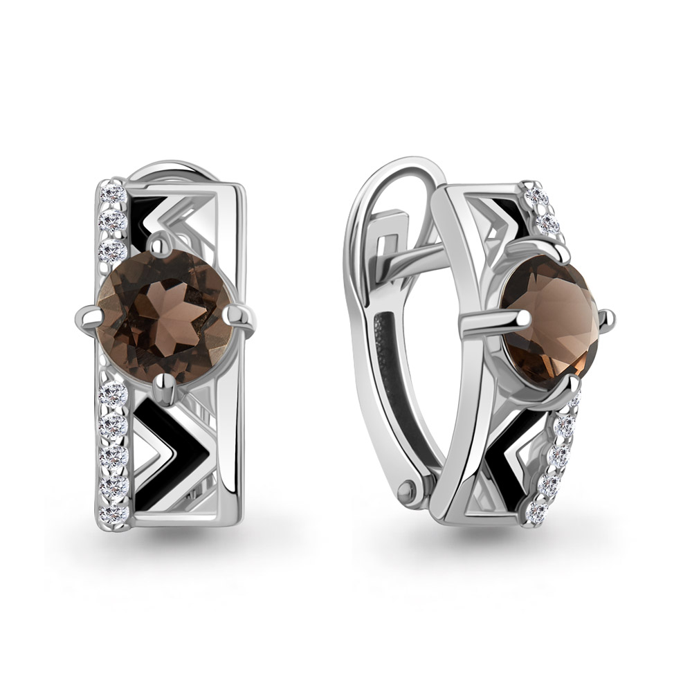 4464001А Серьги из Серебра с кварцами дымчатыми, фианитами, эмалью из коллекции "Rio"