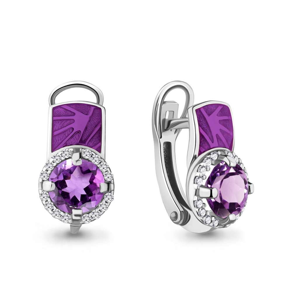 4464104А Серьги из Серебра с аметистами, фианитами, эмалью из коллекции "Rio"