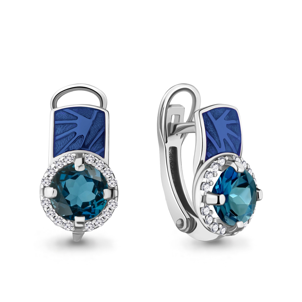 4464108А Серьги из Серебра с топазами лондон блю, фианитами, эмалью из коллекции "Rio"