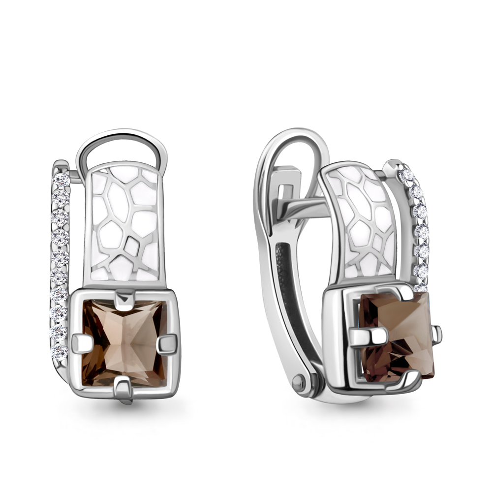 4464501А Серьги из Серебра с кварцами дымчатыми, фианитами, эмалью из коллекции "Rio"