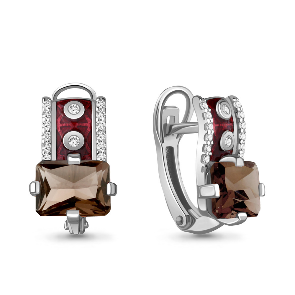 4464601А Серьги из Серебра с кварцами дымчатыми, фианитами, эмалью из коллекции "Rio"