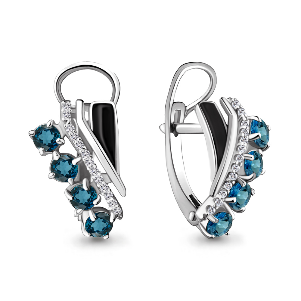 4464808А Серьги из Серебра с топазами лондон блю, фианитами, эмалью из коллекции "Rio"