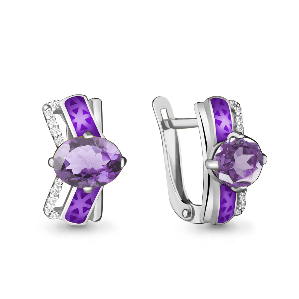 4465004А Серьги из Серебра с аметистами, фианитами, эмалью из коллекции "Rio"