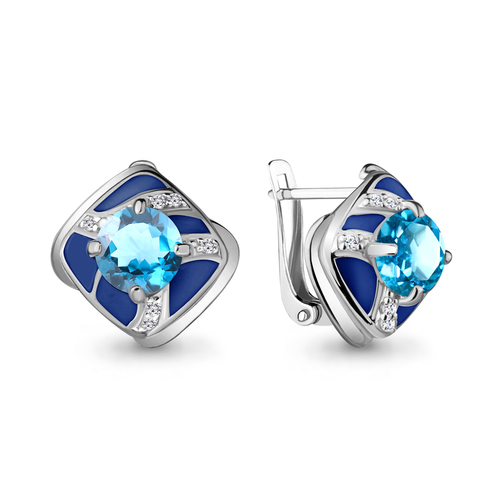 4465205А Серьги из Серебра с топазами свисс блю, фианитами, эмалью из коллекции "Rio"
