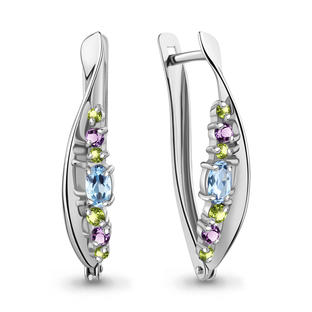 4466140 Серьги из Серебра с аметистами, топазами свисс блю, хризолитами из коллекции "Аура"