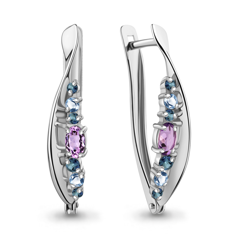 4466142 Серьги из Серебра с аметистами, топазами лондон блю, топазами свисс блю из коллекции "Аура"