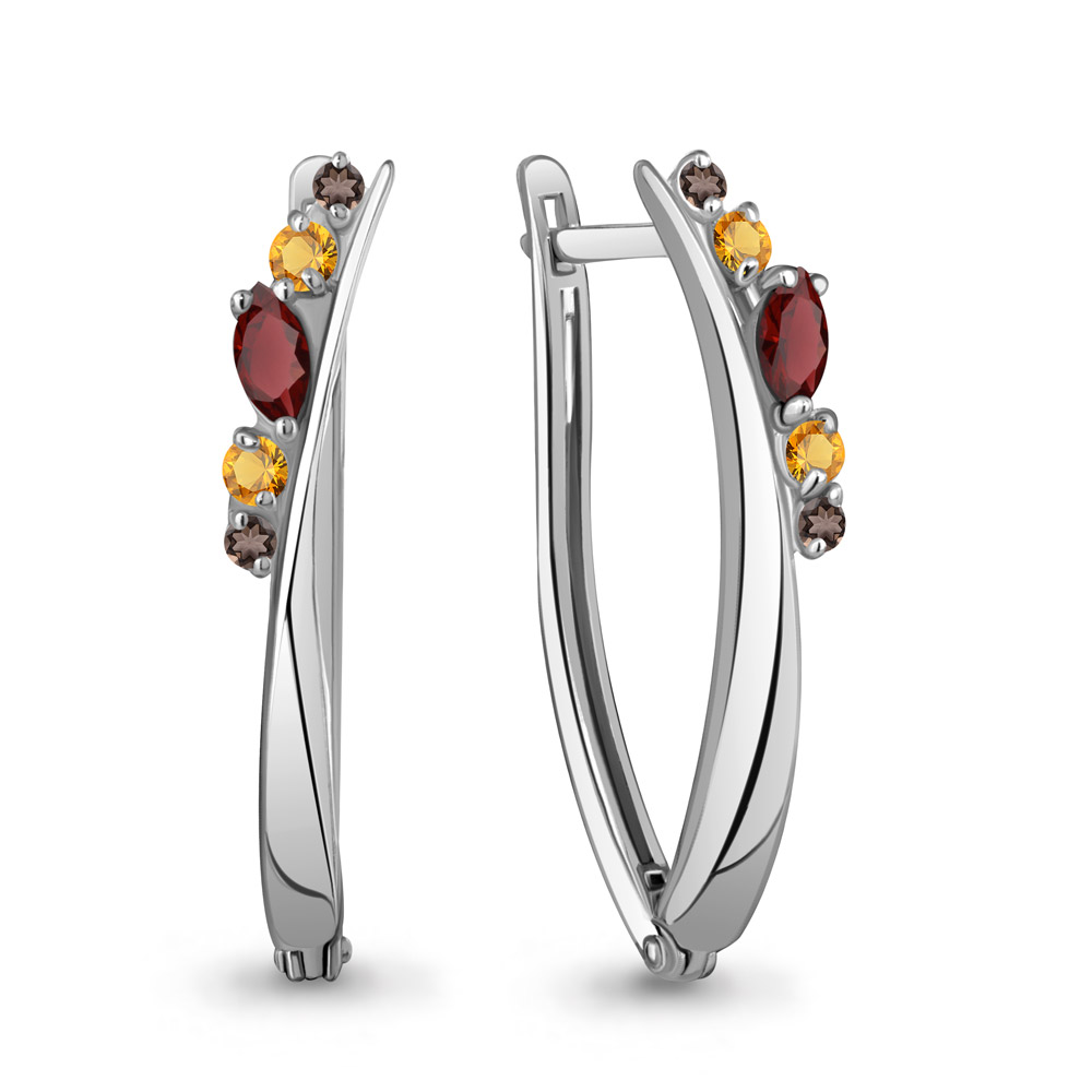 4466247 Серьги из Серебра с гранатами, кварцами дымчатыми, цитринами из коллекции "Аура"