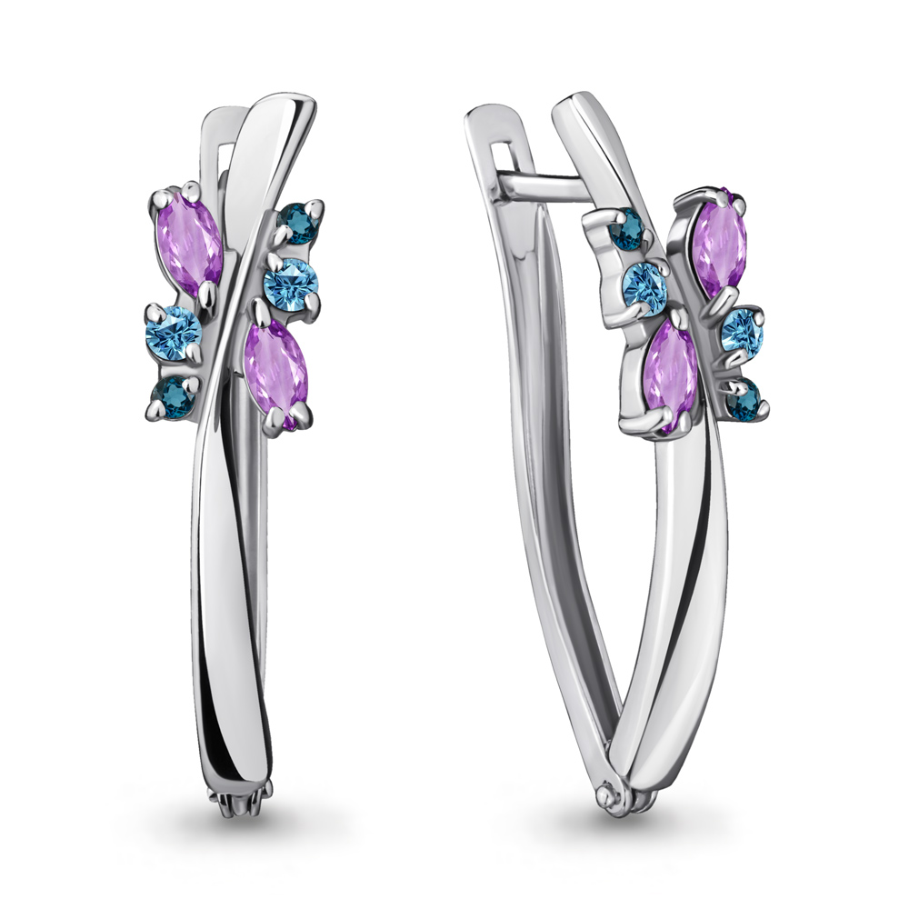 4467342 Серьги из Серебра с аметистами, топазами лондон блю, топазами свисс блю из коллекции "Аура"