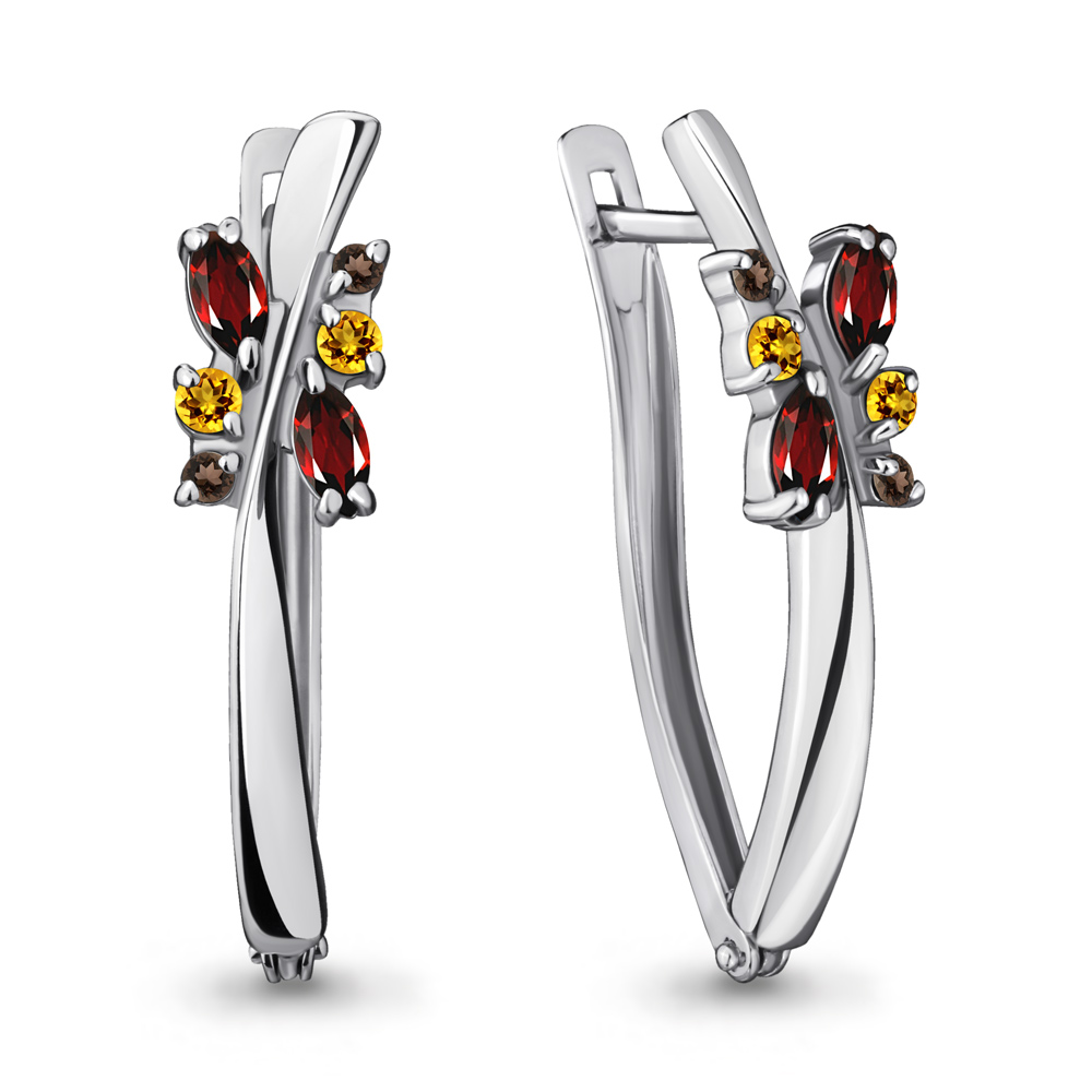 4467347 Серьги из Серебра с гранатами, кварцами дымчатыми, цитринами из коллекции "Аура"