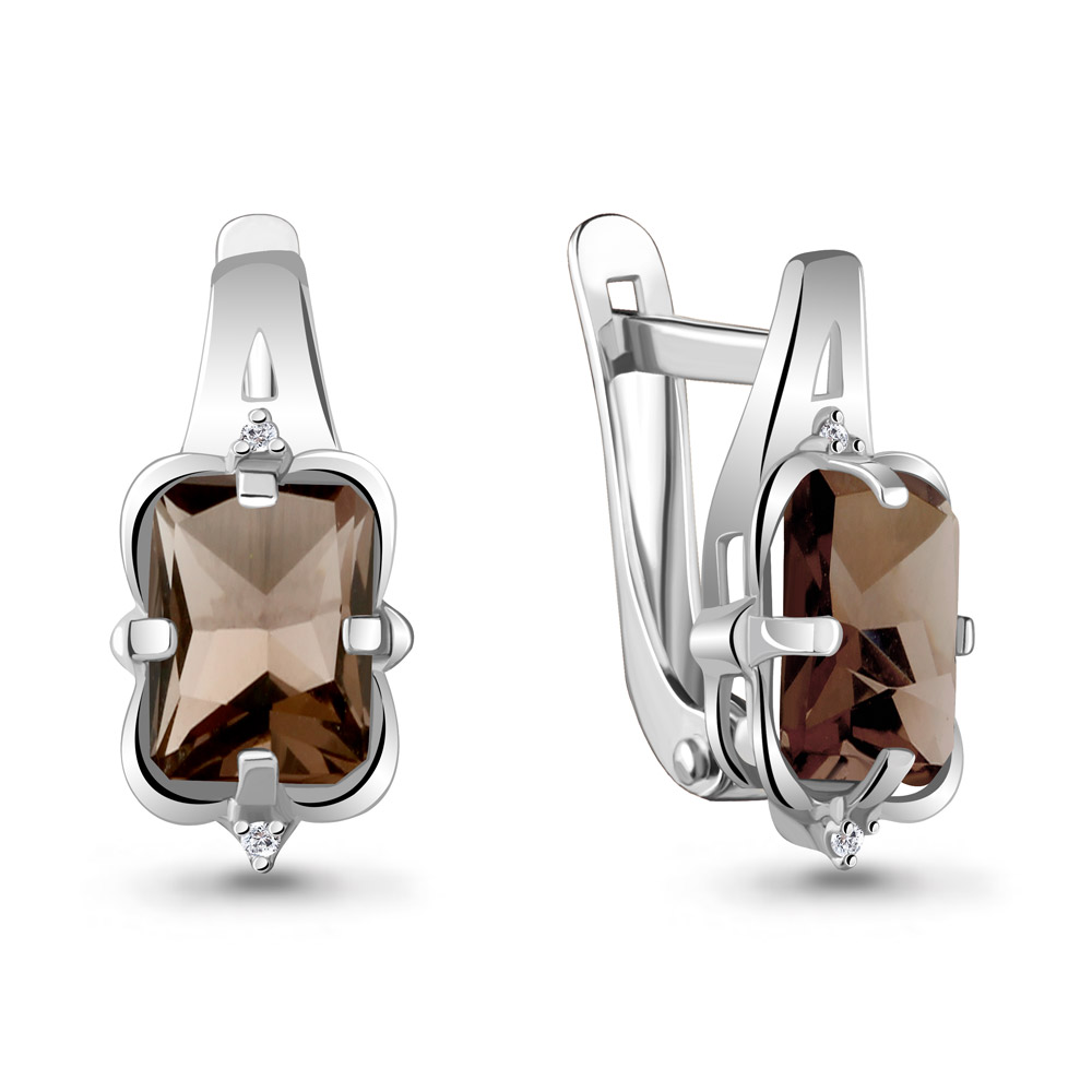 4468101А Серьги из Серебра с кварцами дымчатыми, фианитами