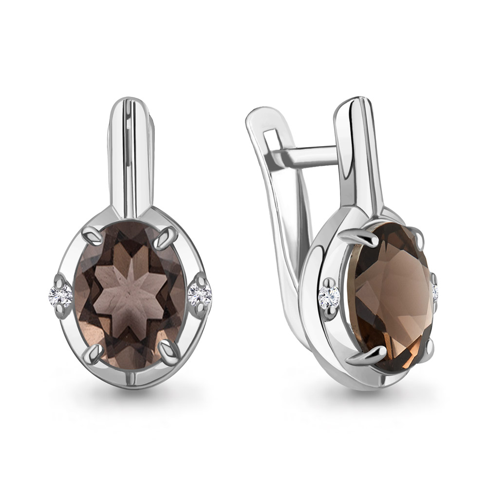 4469301 Серьги из Серебра с кварцами дымчатыми, фианитами