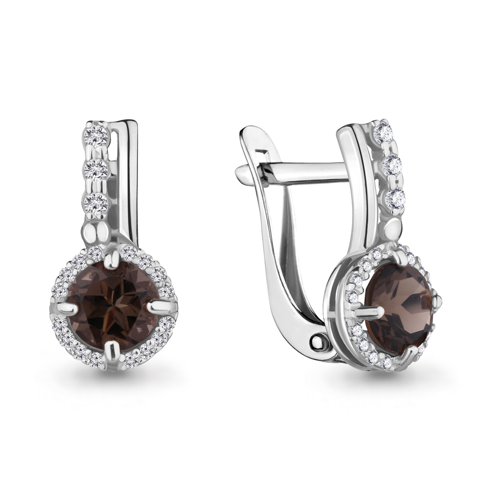 4469701А Серьги из Серебра с кварцами дымчатыми, фианитами