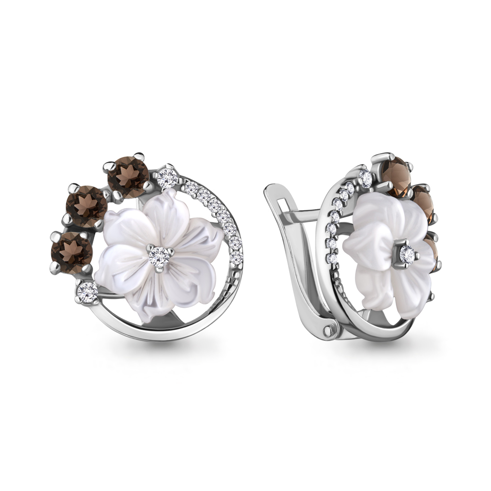 4470301А Серьги из Серебра с кварцами дымчатыми, поделочными камнями, фианитами из коллекции "Жозефина"