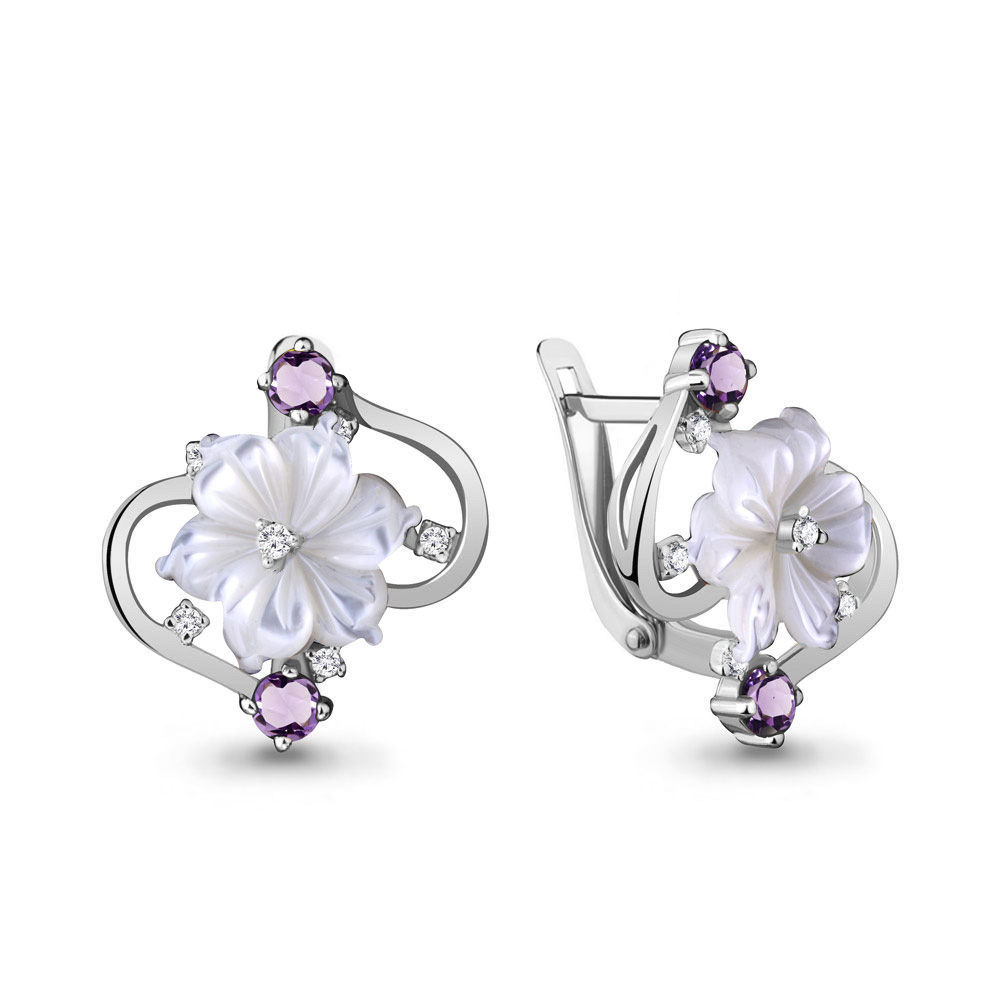 4470404А Серьги из Серебра с аметистами, поделочными камнями, фианитами