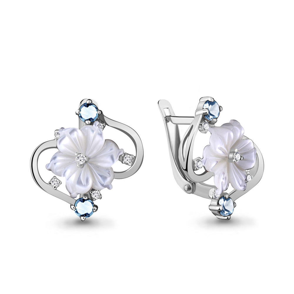 4470405А Серьги из Серебра с поделочными камнями, топазами свисс блю, фианитами из коллекции "Жозефина"