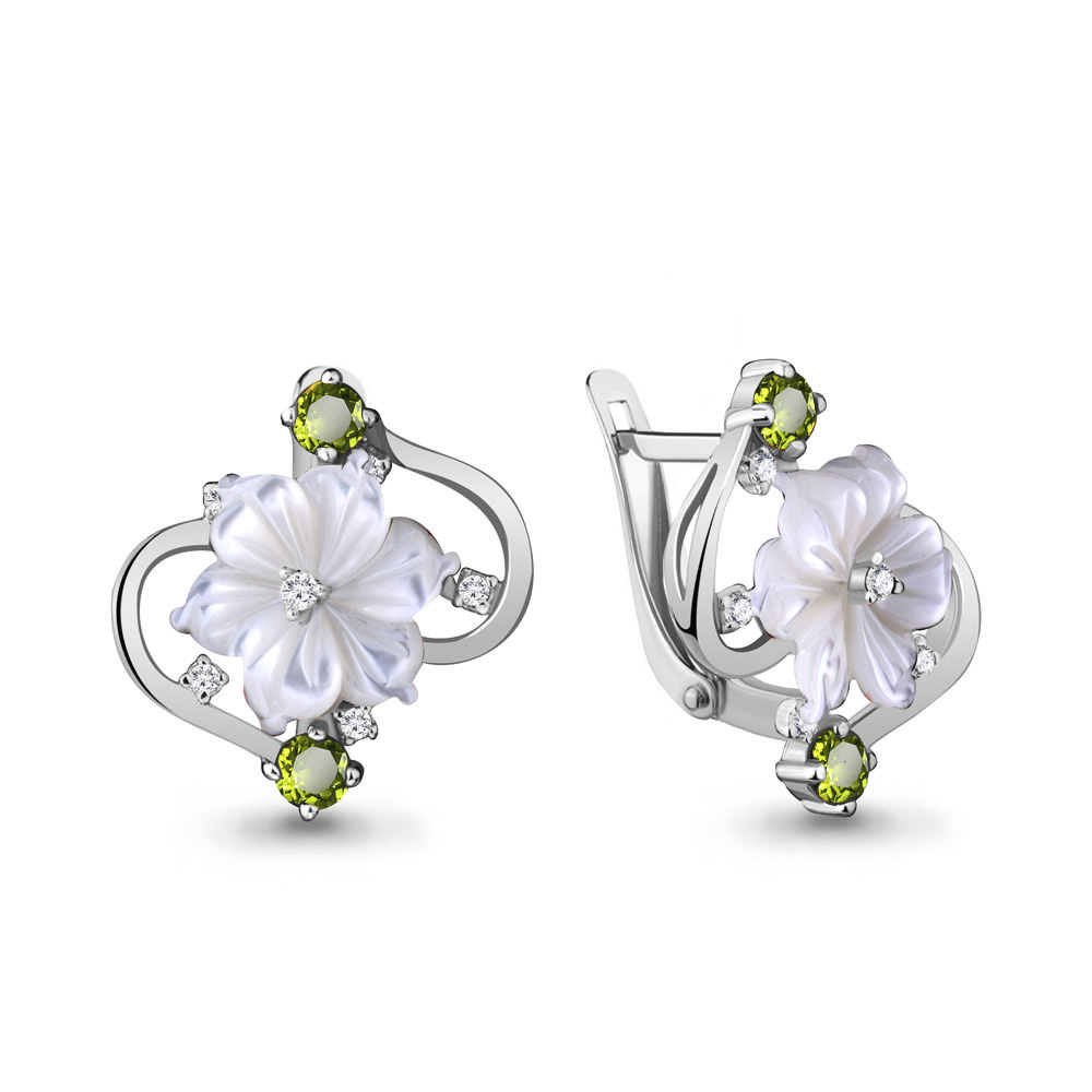 4470407А Серьги из Серебра с поделочными камнями, фианитами, хризолитами из коллекции "Жозефина"