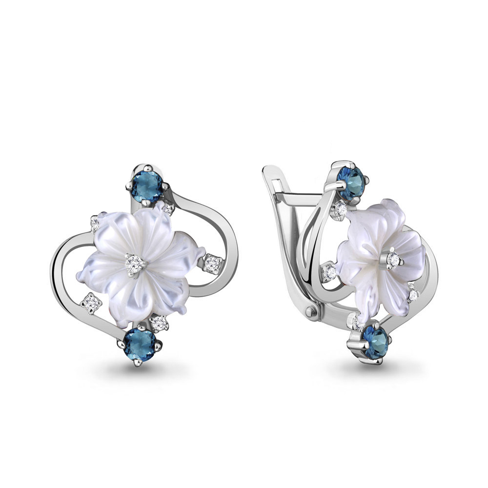 4470408А Серьги из Серебра с поделочными камнями, топазами лондон блю, фианитами из коллекции "Жозефина"