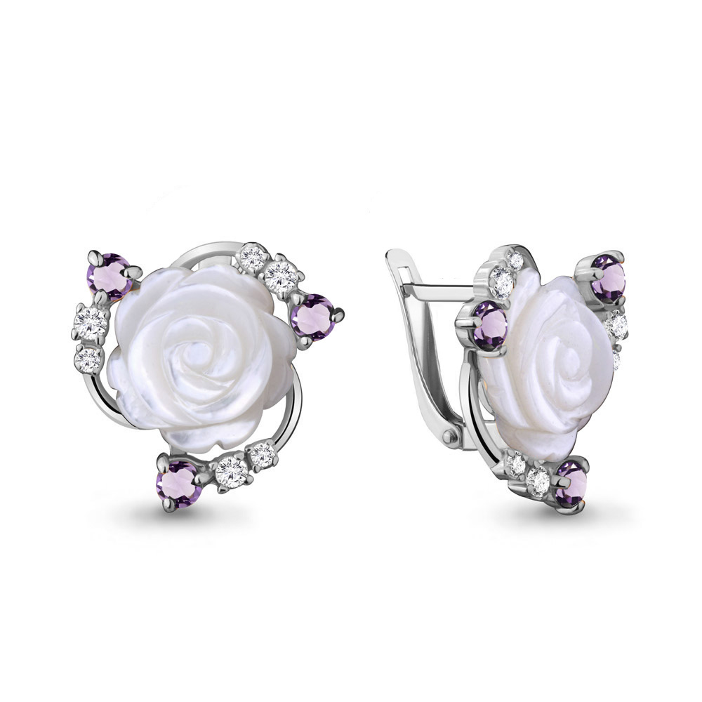 4470504А Серьги из Серебра с аметистами, поделочными камнями, фианитами из коллекции "Жозефина"