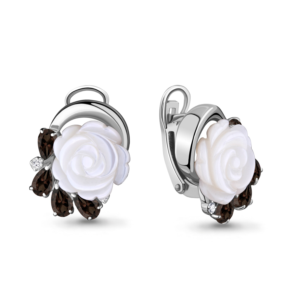 4470601А Серьги из Серебра с кварцами дымчатыми, поделочными камнями, фианитами из коллекции "Жозефина"