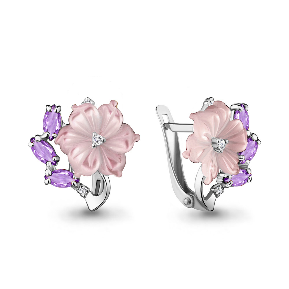 4470704В Серьги из Серебра с аметистами, поделочными камнями, фианитами из коллекции "Жозефина"
