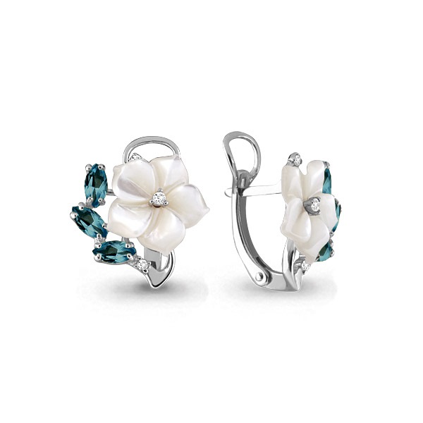 4470708 Серьги из Серебра с поделочными камнями, топазами лондон блю, фианитами