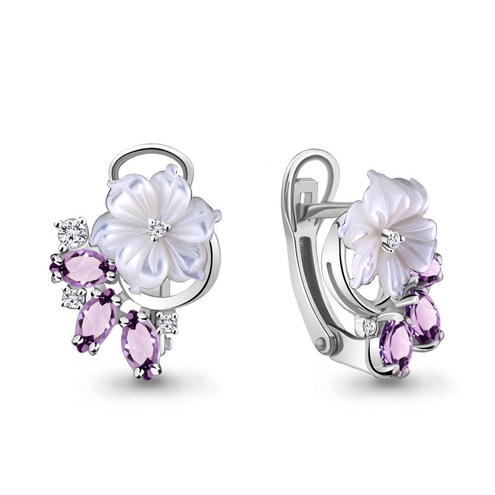4471004А Серьги из Серебра с аметистами, поделочными камнями, фианитами из коллекции "Жозефина"