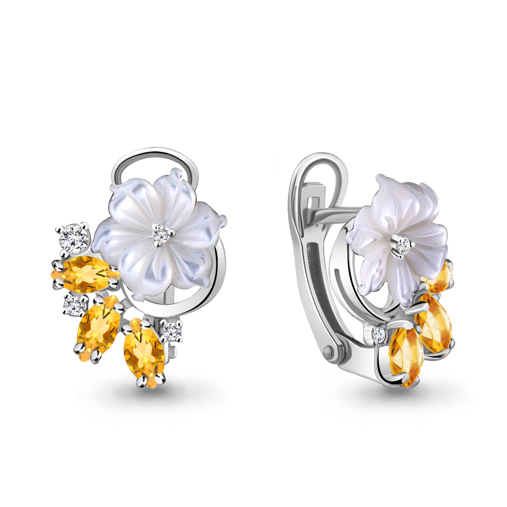 4471006А Серьги из Серебра с поделочными камнями, фианитами, цитринами из коллекции "Жозефина"