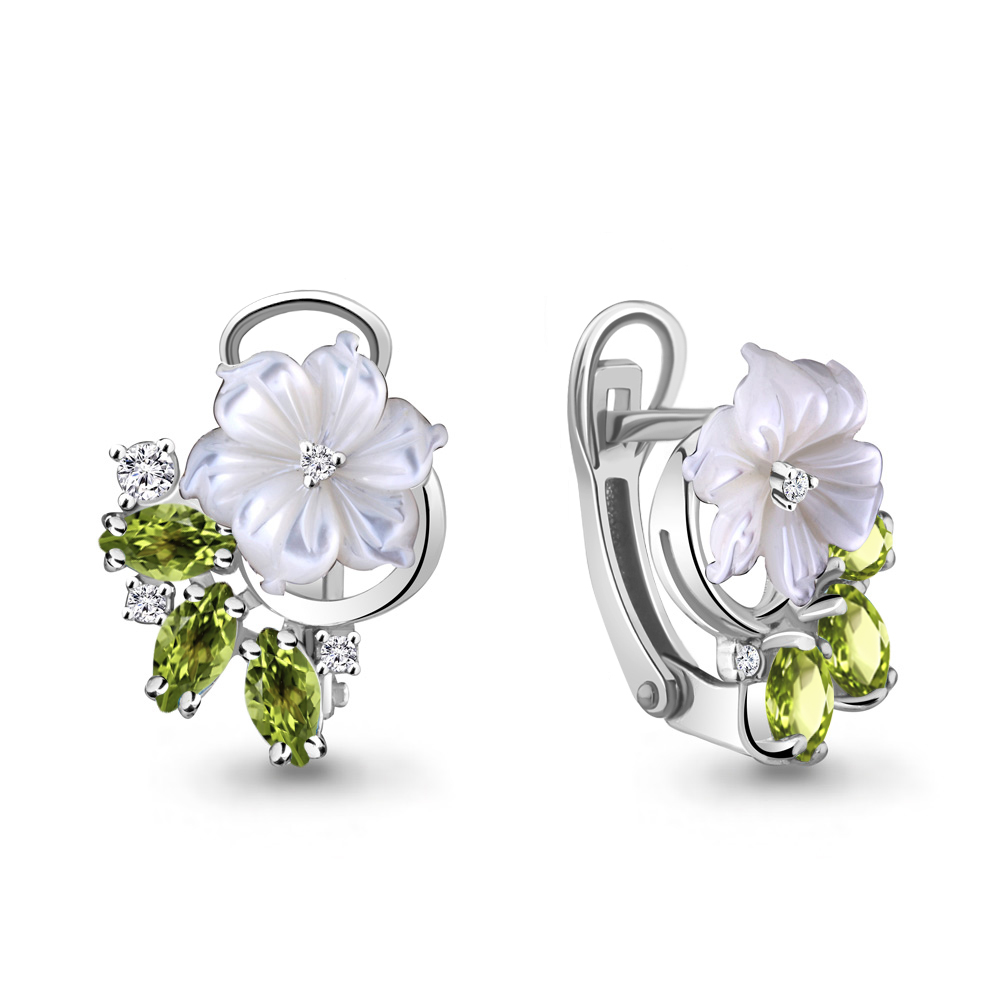 4471007А Серьги из Серебра с поделочными камнями, фианитами, хризолитами из коллекции "Жозефина"