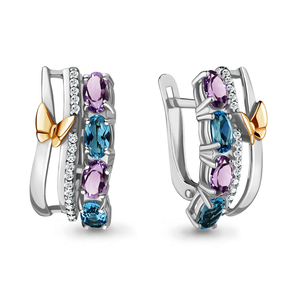 4471332А Серьги из Серебра с аметистами, топазами лондон блю, фианитами