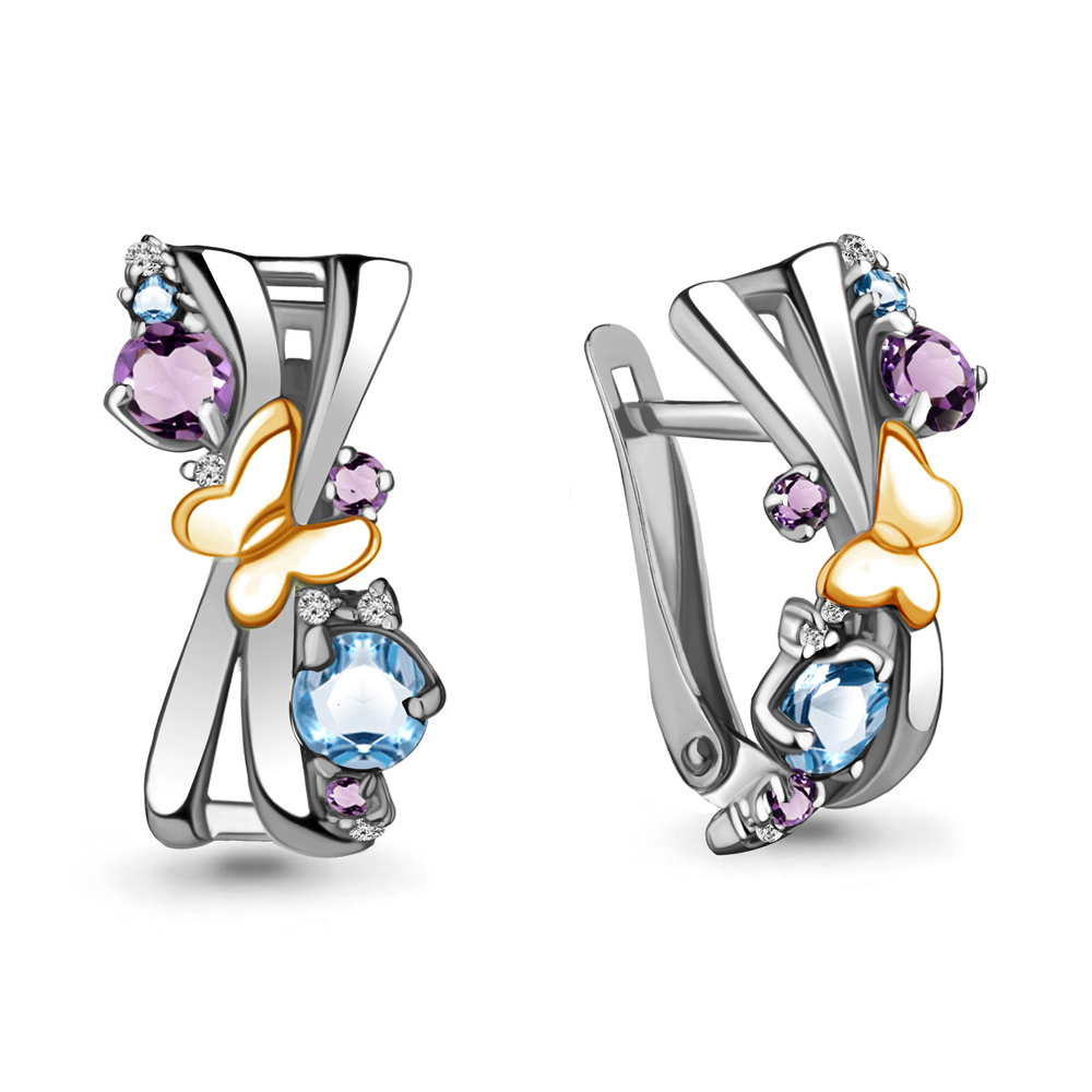 4471430 Серьги из Серебра с аметистами, топазами свисс блю, фианитами