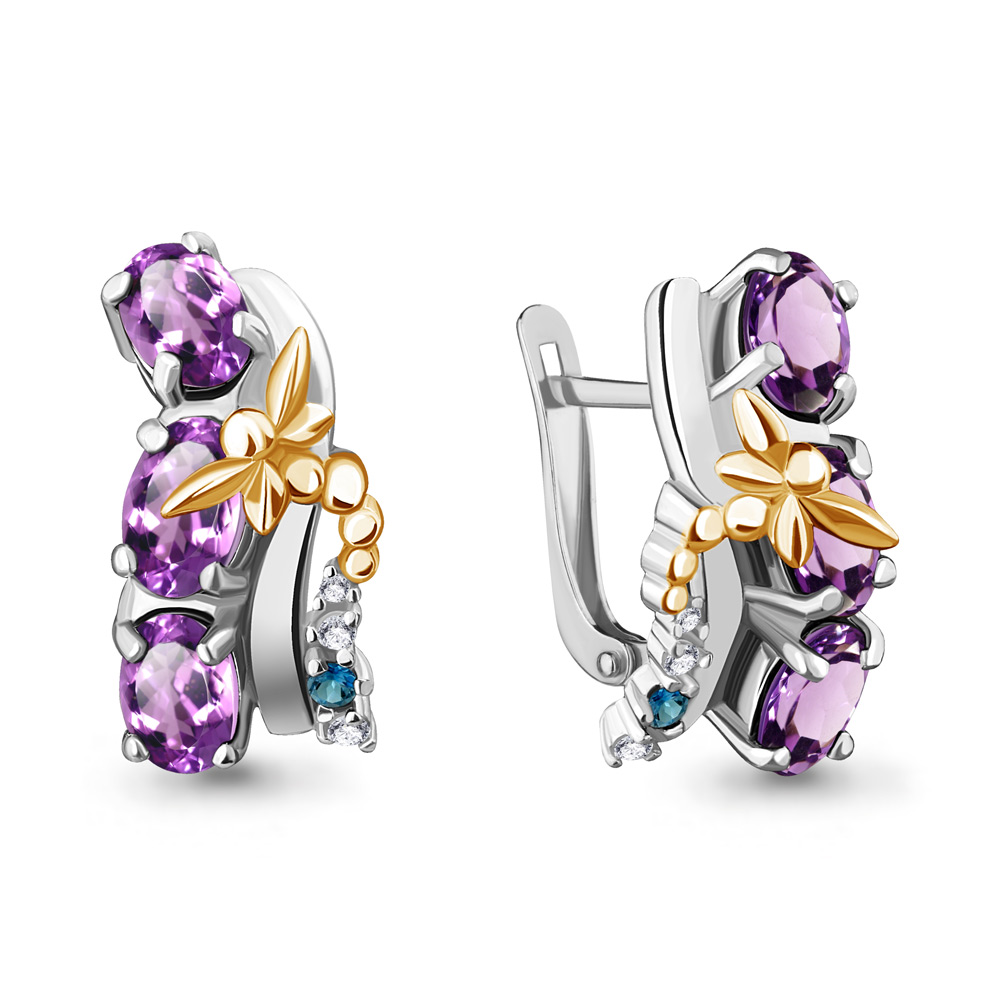 4471632А Серьги из Серебра с аметистами, топазами лондон блю, фианитами