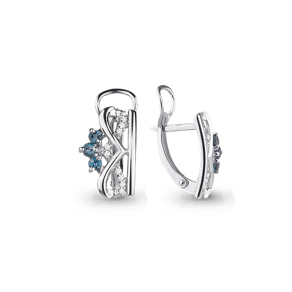4474108А Серьги из Серебра с топазами лондон блю, фианитами