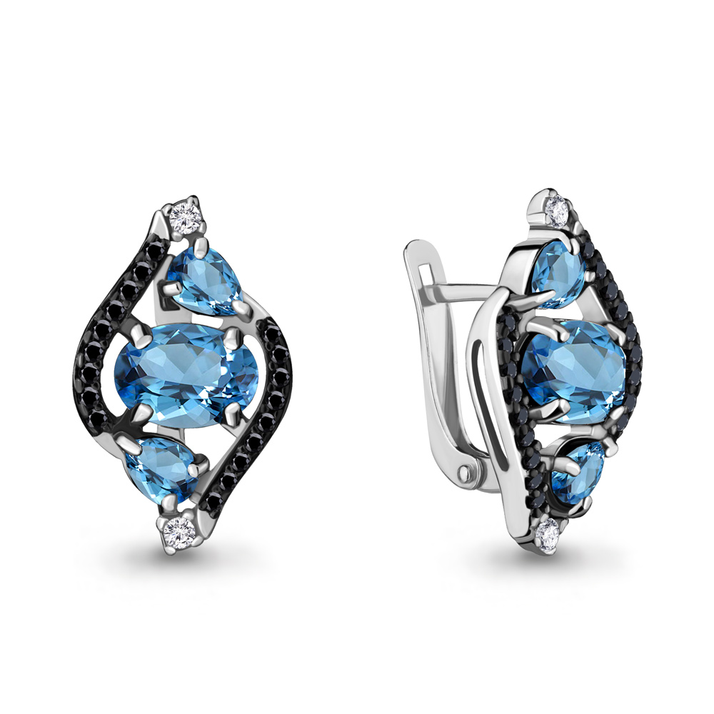 4474605Ч Серьги из Серебра с нанокристаллами, топазами свисс блю, фианитами из коллекции "Gothic"