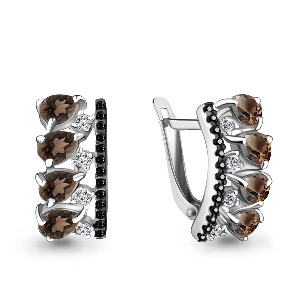 4474701Ч Серьги из Серебра с кварцами дымчатыми, нанокристаллами, фианитами из коллекции "Gothic"