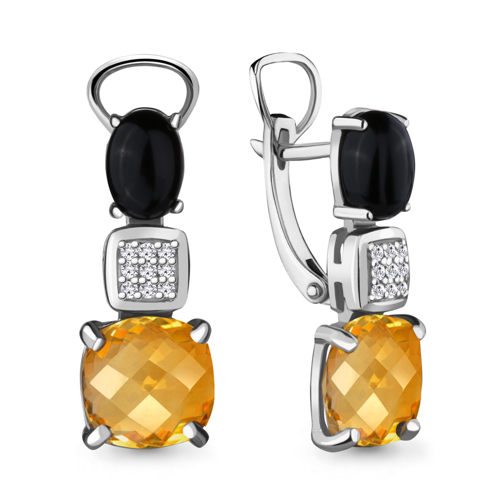 4477572А Серьги из Серебра с ониксами, фианитами, цитринами