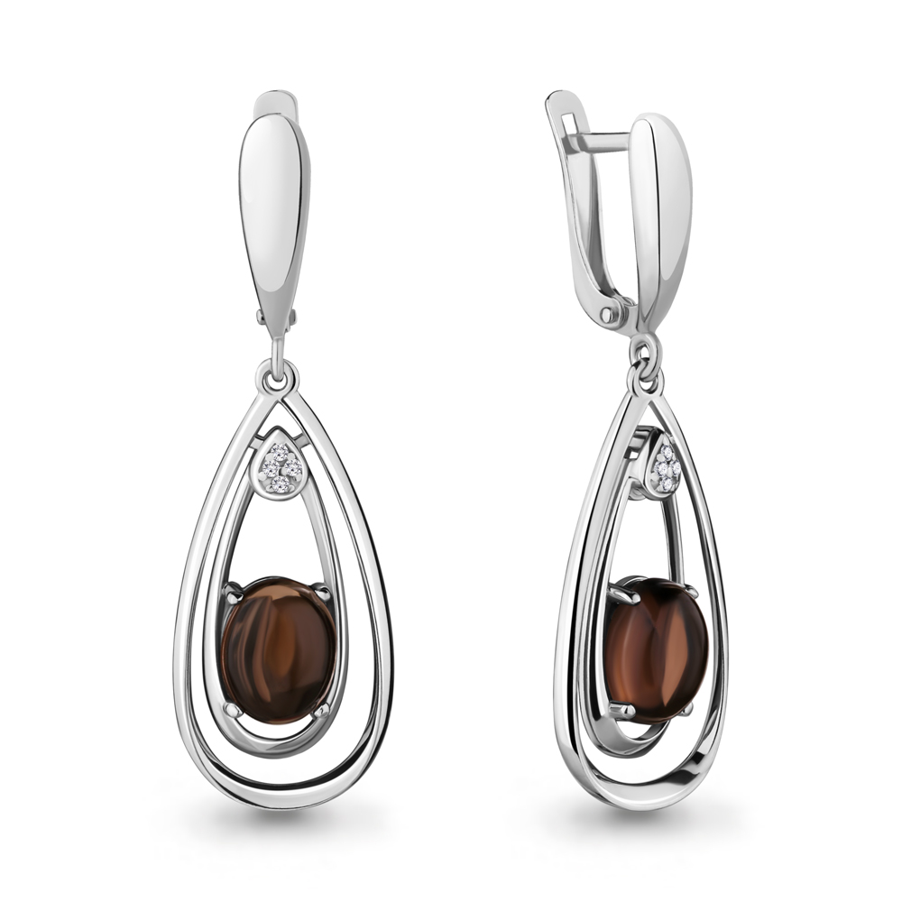 4477601А Серьги из Серебра с кварцами дымчатыми, фианитами