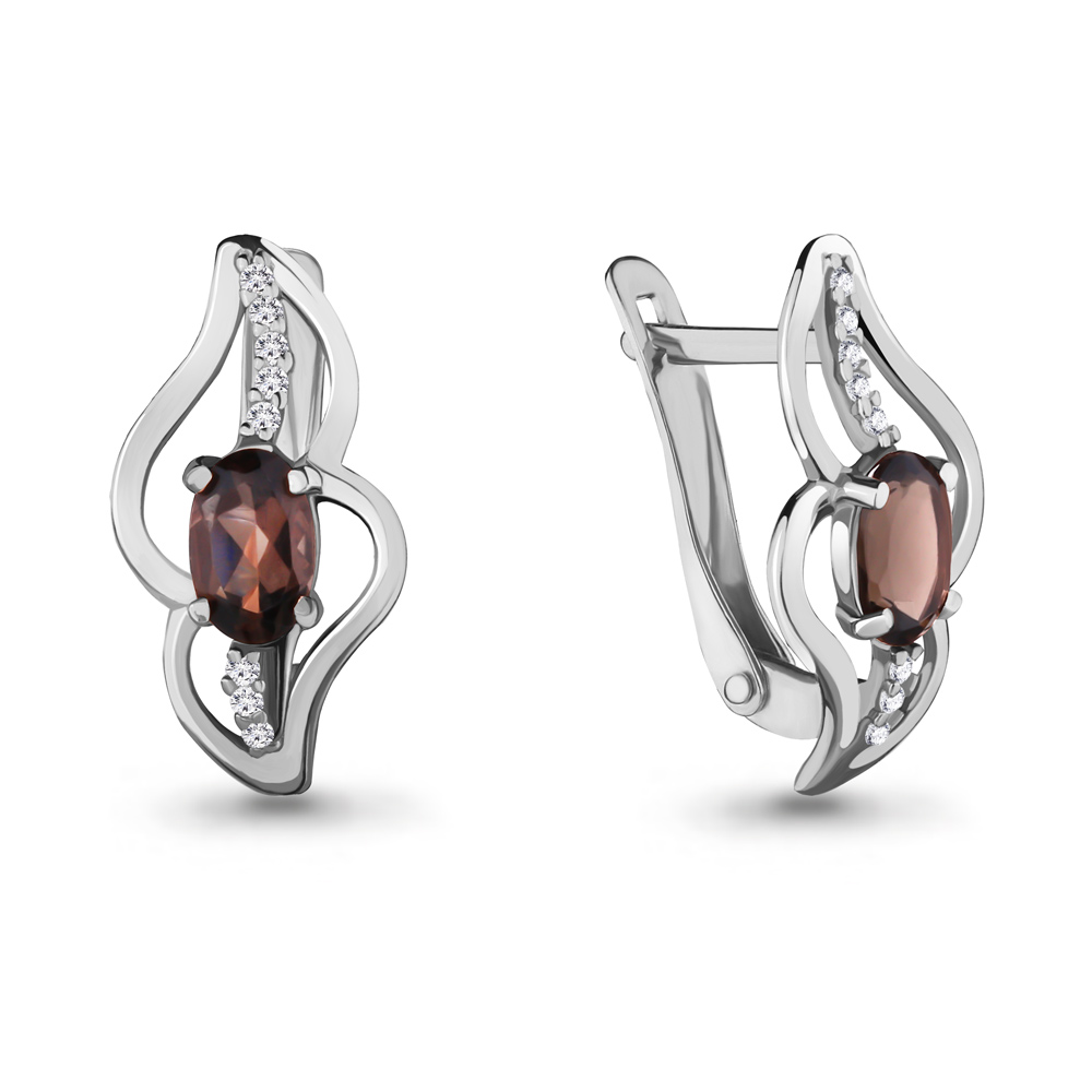 4478101А Серьги из Серебра с кварцами дымчатыми, фианитами