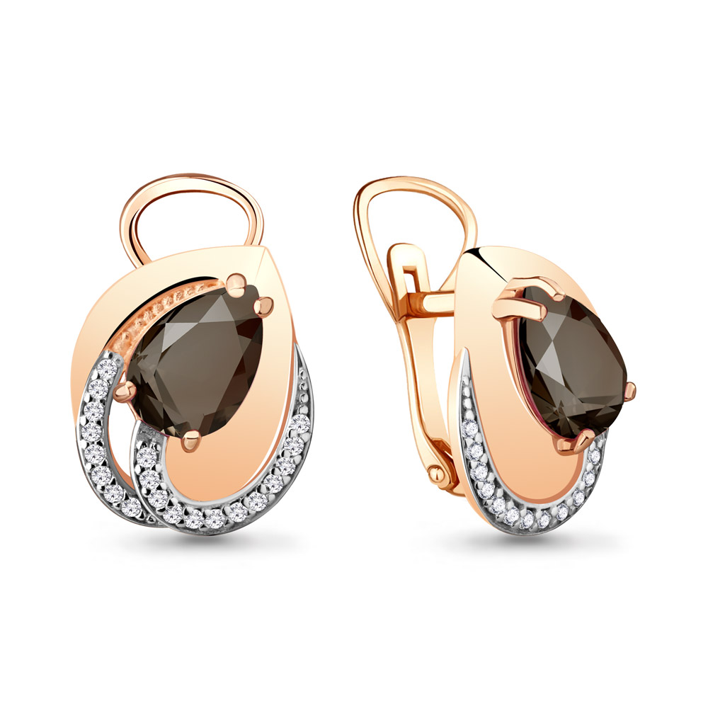 4478701А Серьги из Золота с кварцами дымчатыми, фианитами